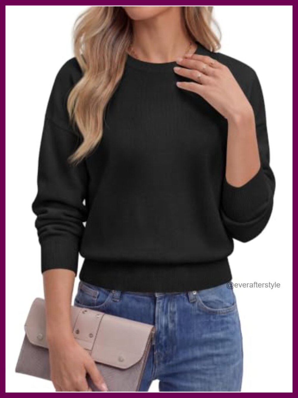 Crewneck Long Sleeve Knit Pullover Sweater Lightweight Ribbed Hem